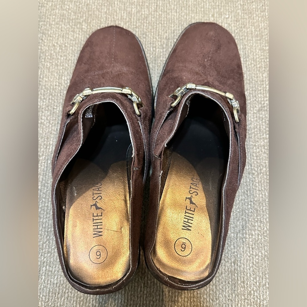 White Stag Brown Suede Mules with Gold Accent - Picture 6 of 16